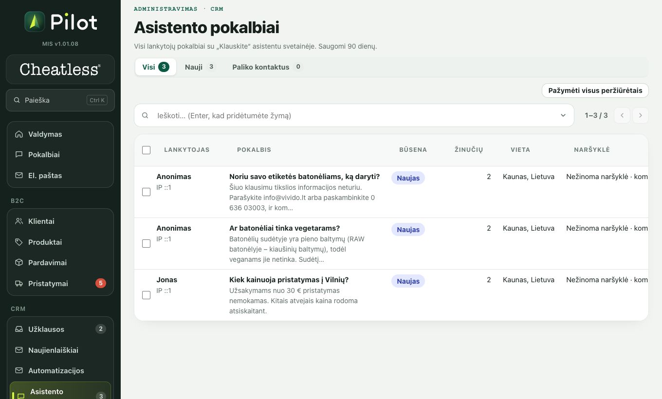Asistento pokalbiai: ekrano kadras