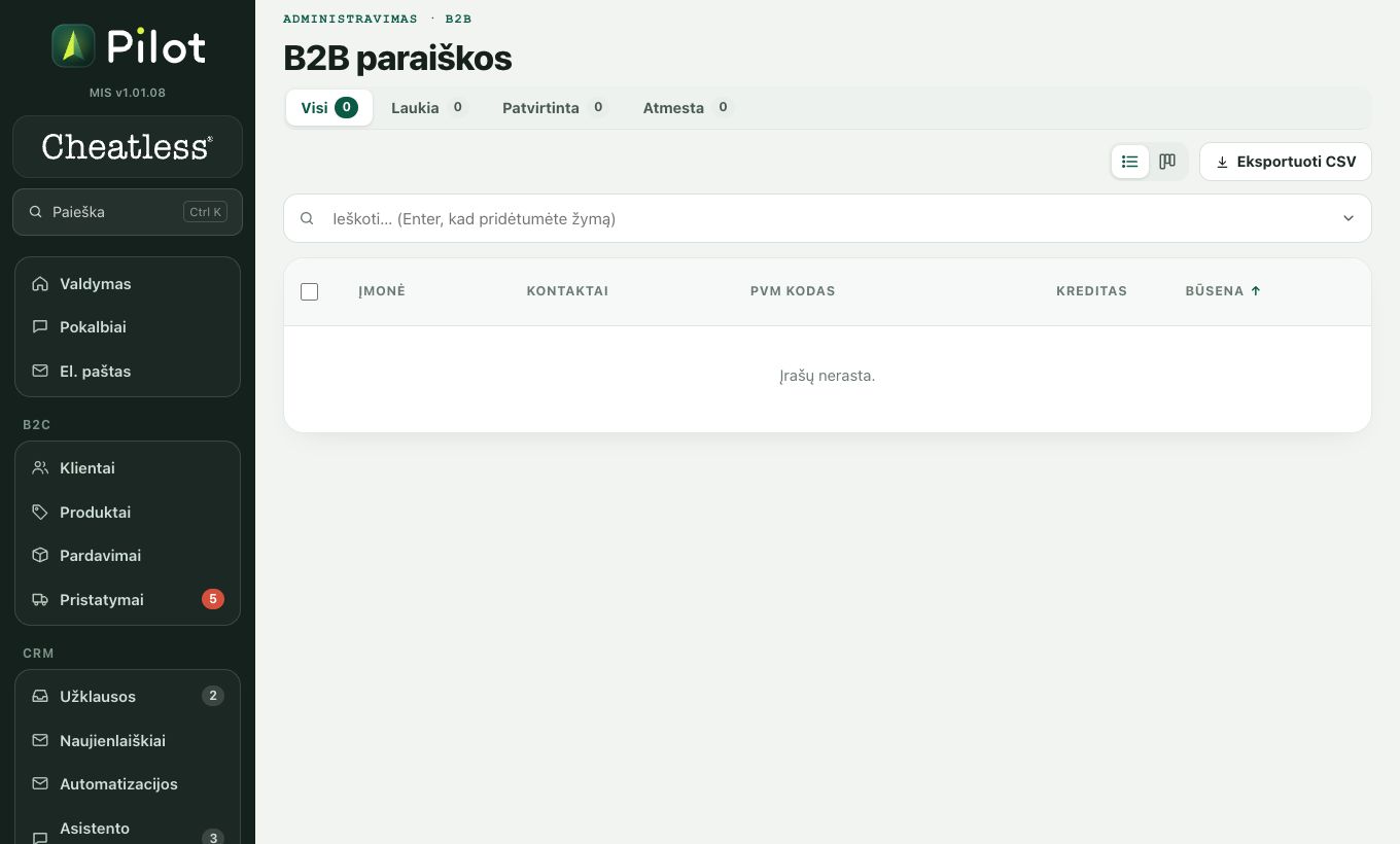B2B: paraiškos, klientai, kainodara: ekrano kadras