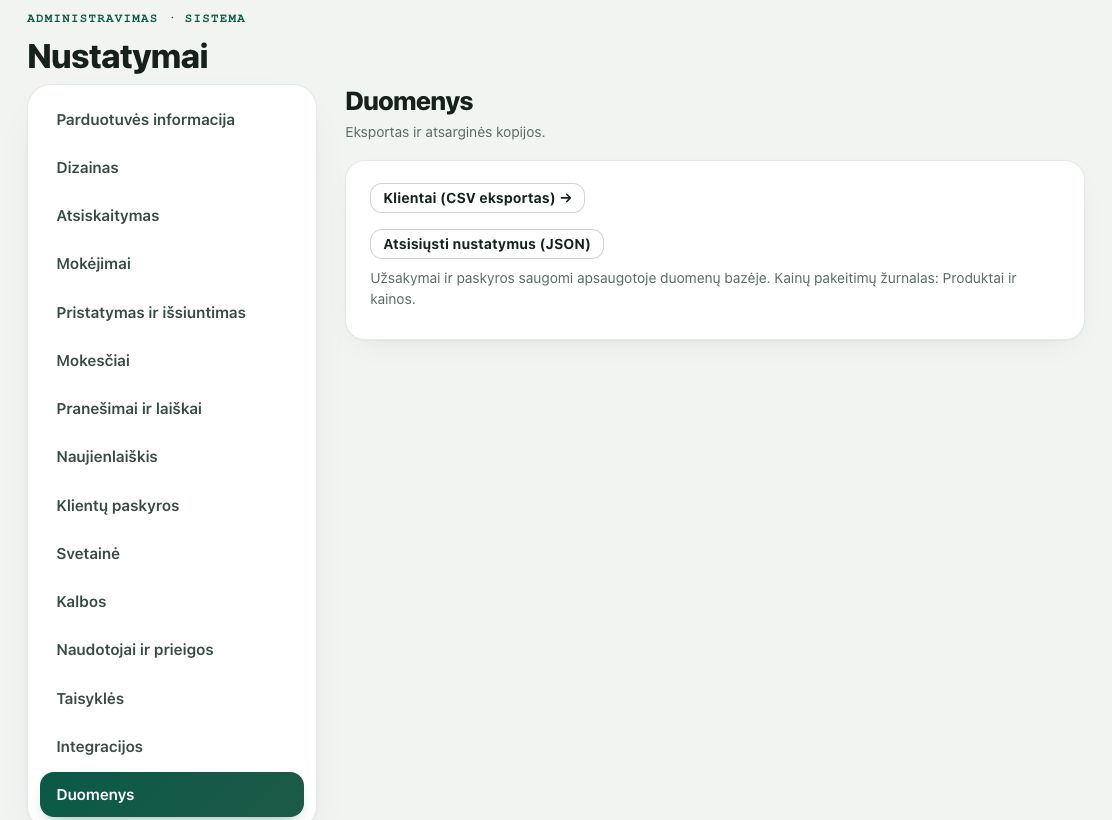 Nustatymai: Duomenys