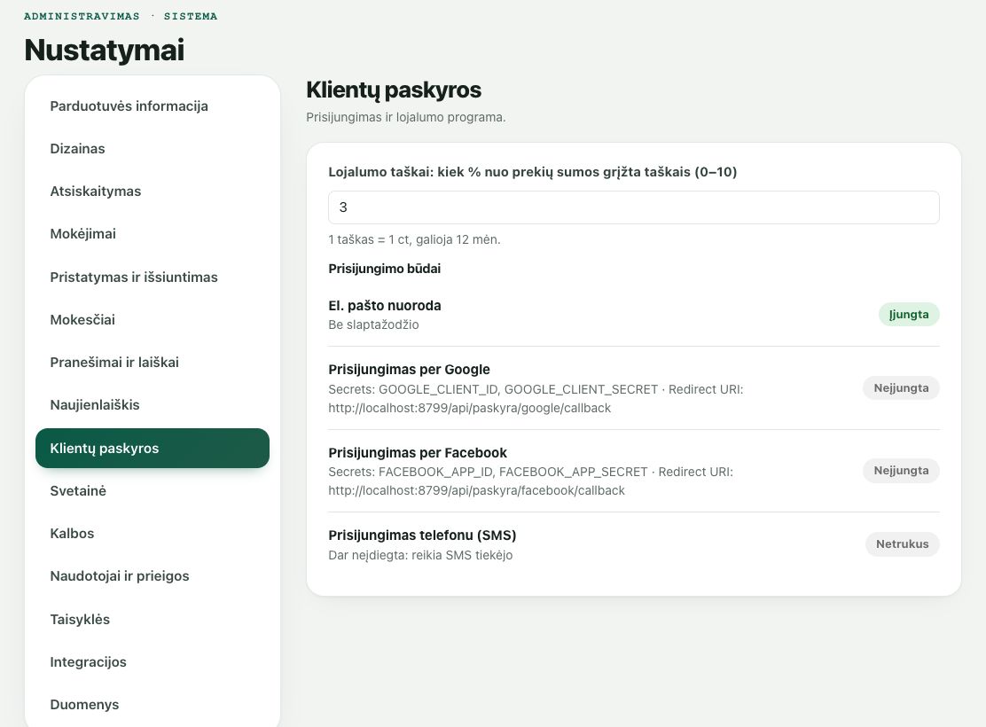 Nustatymai: Klientų paskyros