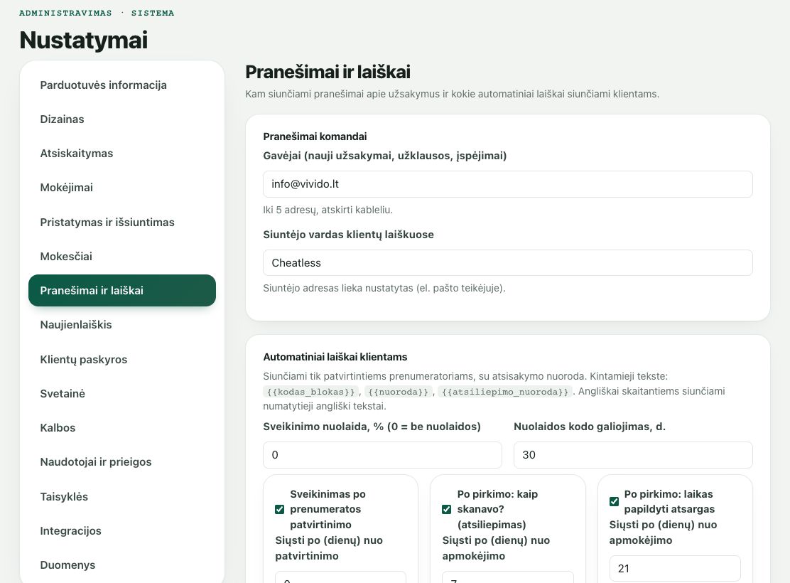 Nustatymai: Pranešimai ir laiškai