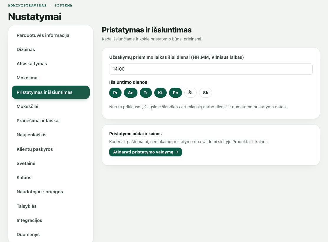 Nustatymai: Pristatymas ir išsiuntimas