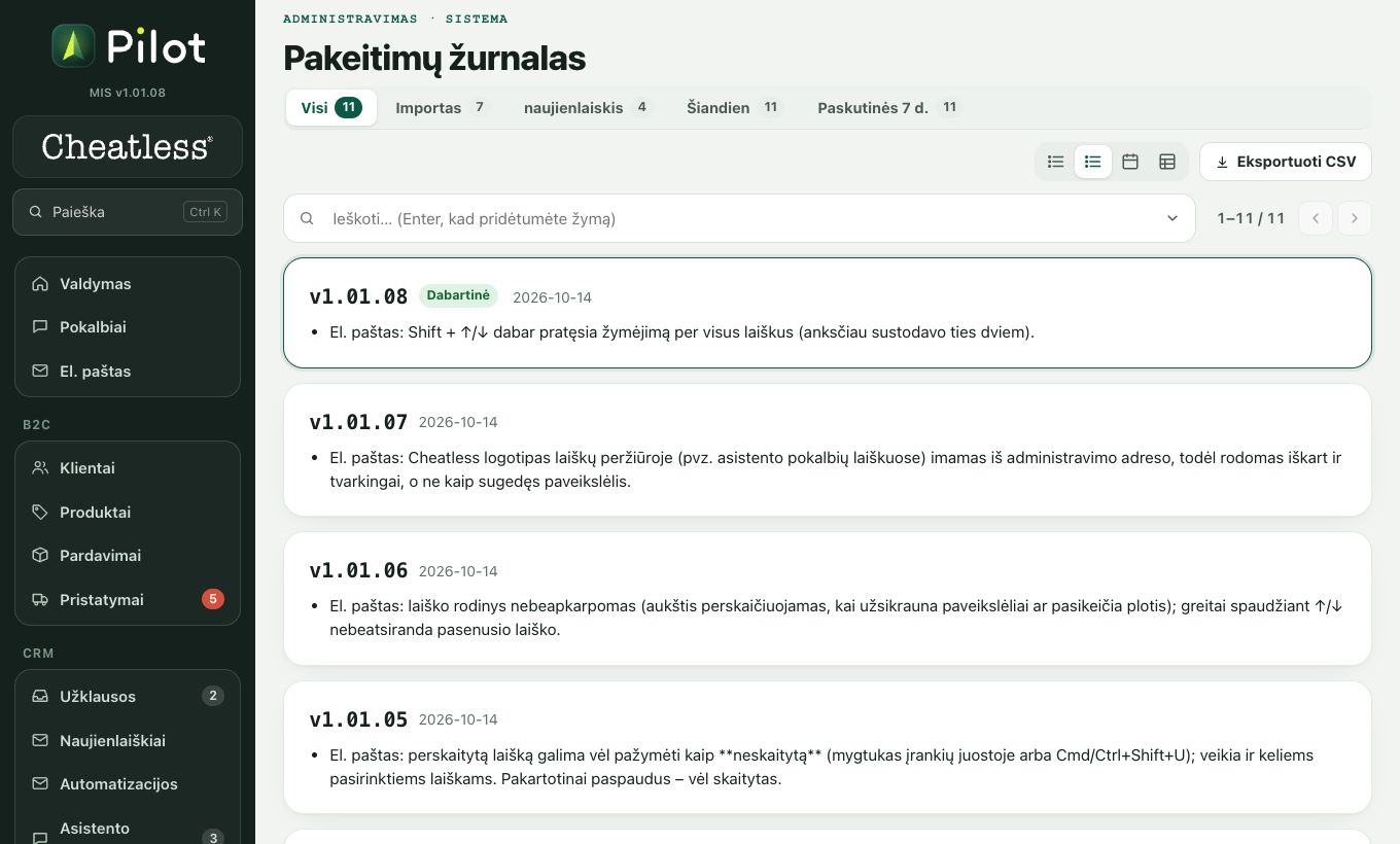 Pakeitimų žurnalas: ekrano kadras