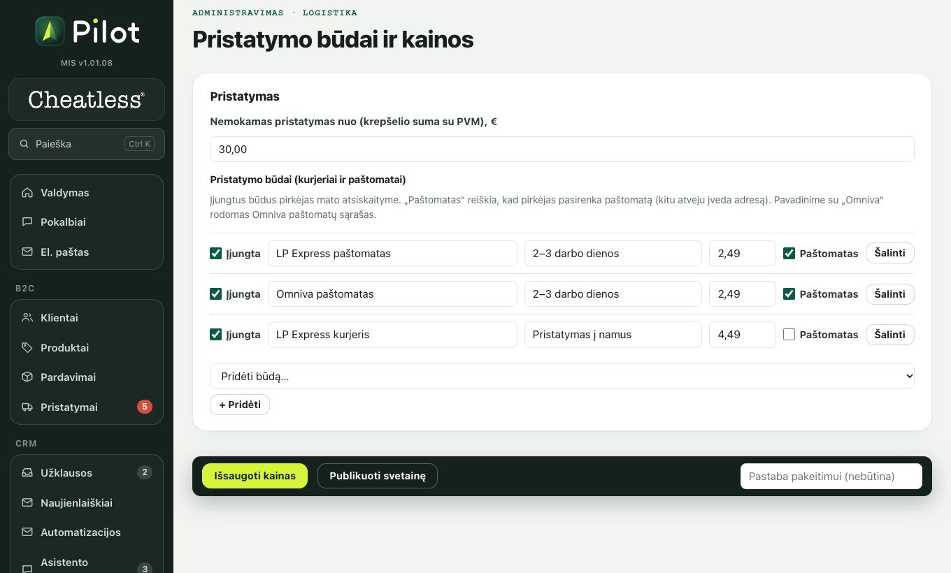 Pristatymo būdai ir kainos: ekrano kadras
