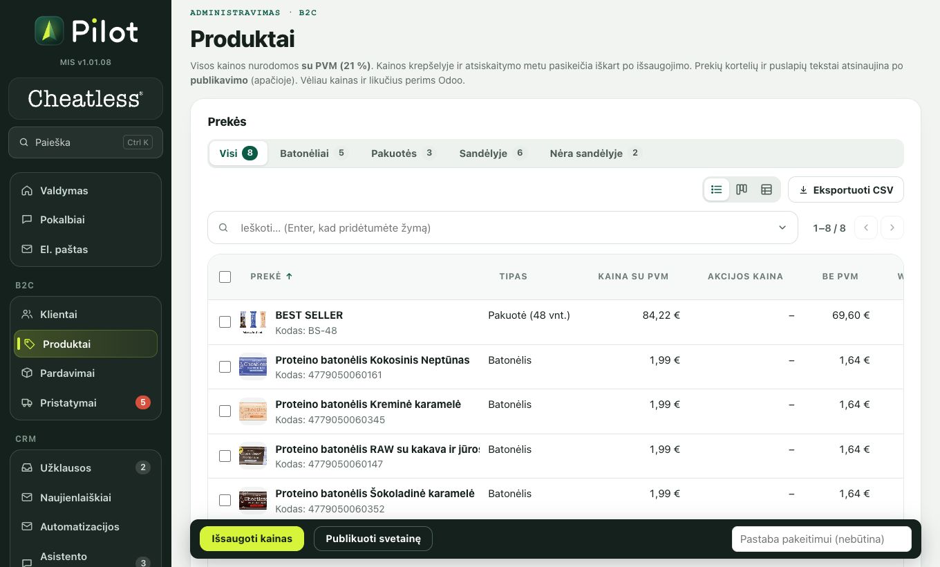 Produktai ir kainos: ekrano kadras